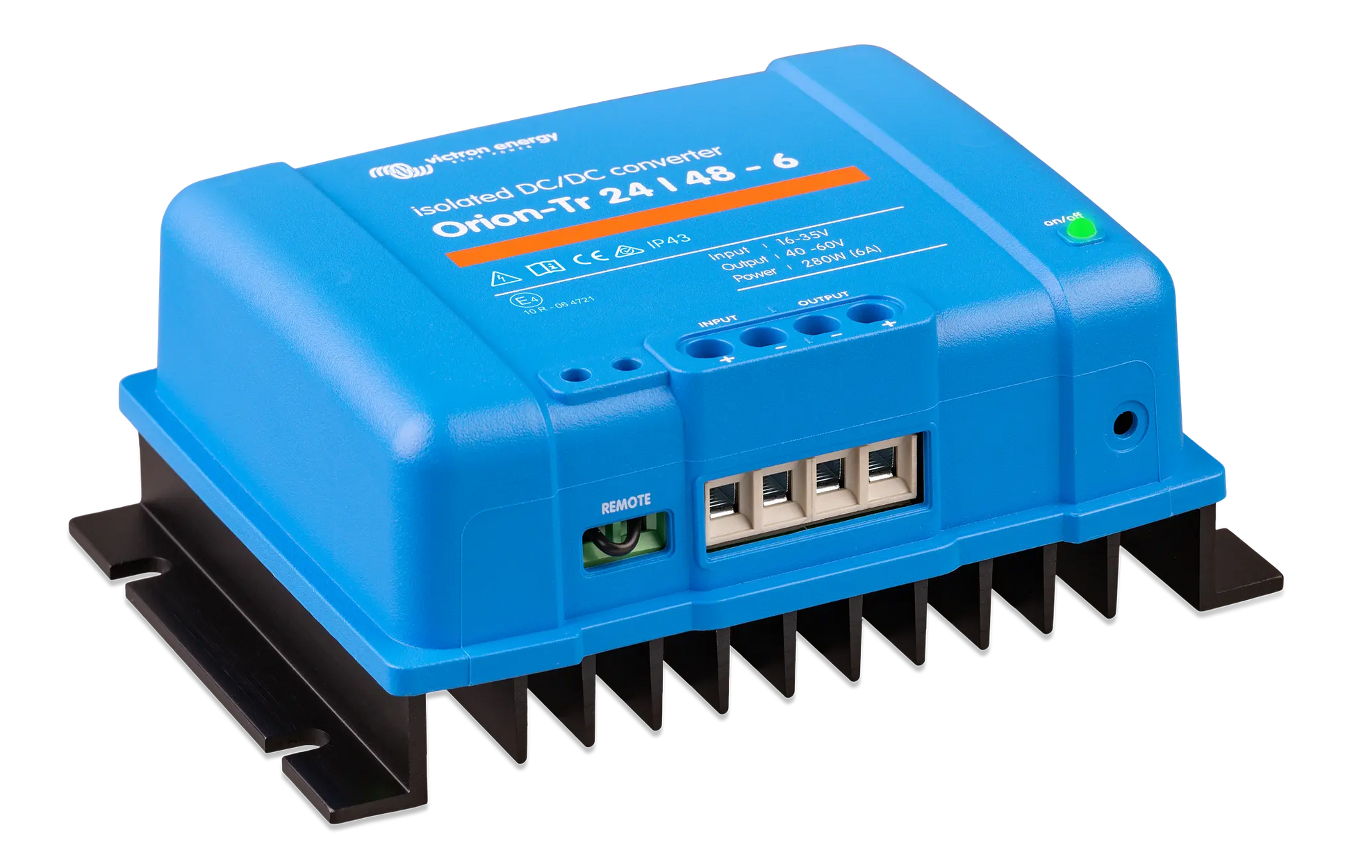 Blue power converter with brand name on a white background