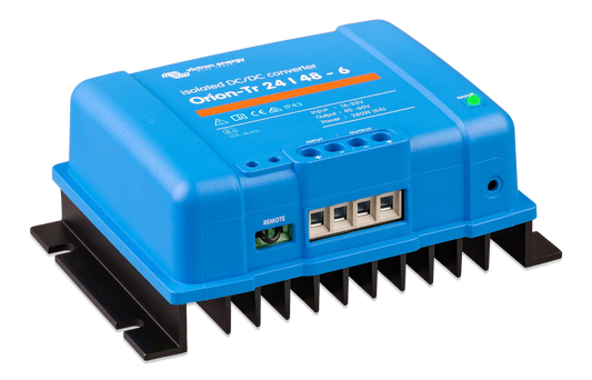 Blue power converter with brand name on a white background