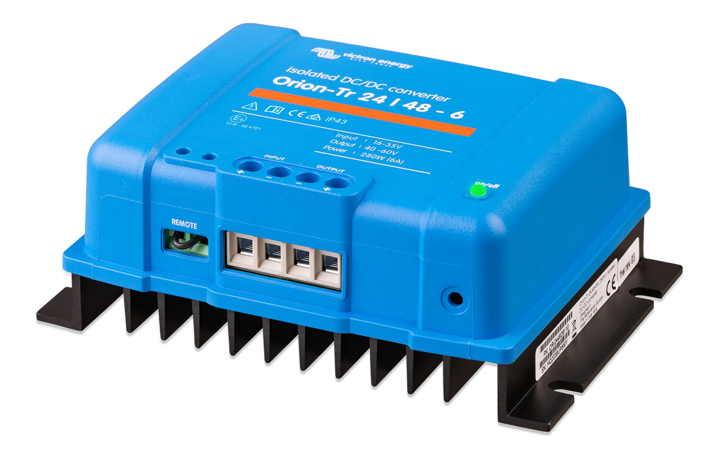 Blue power converter with brand logo on a white background