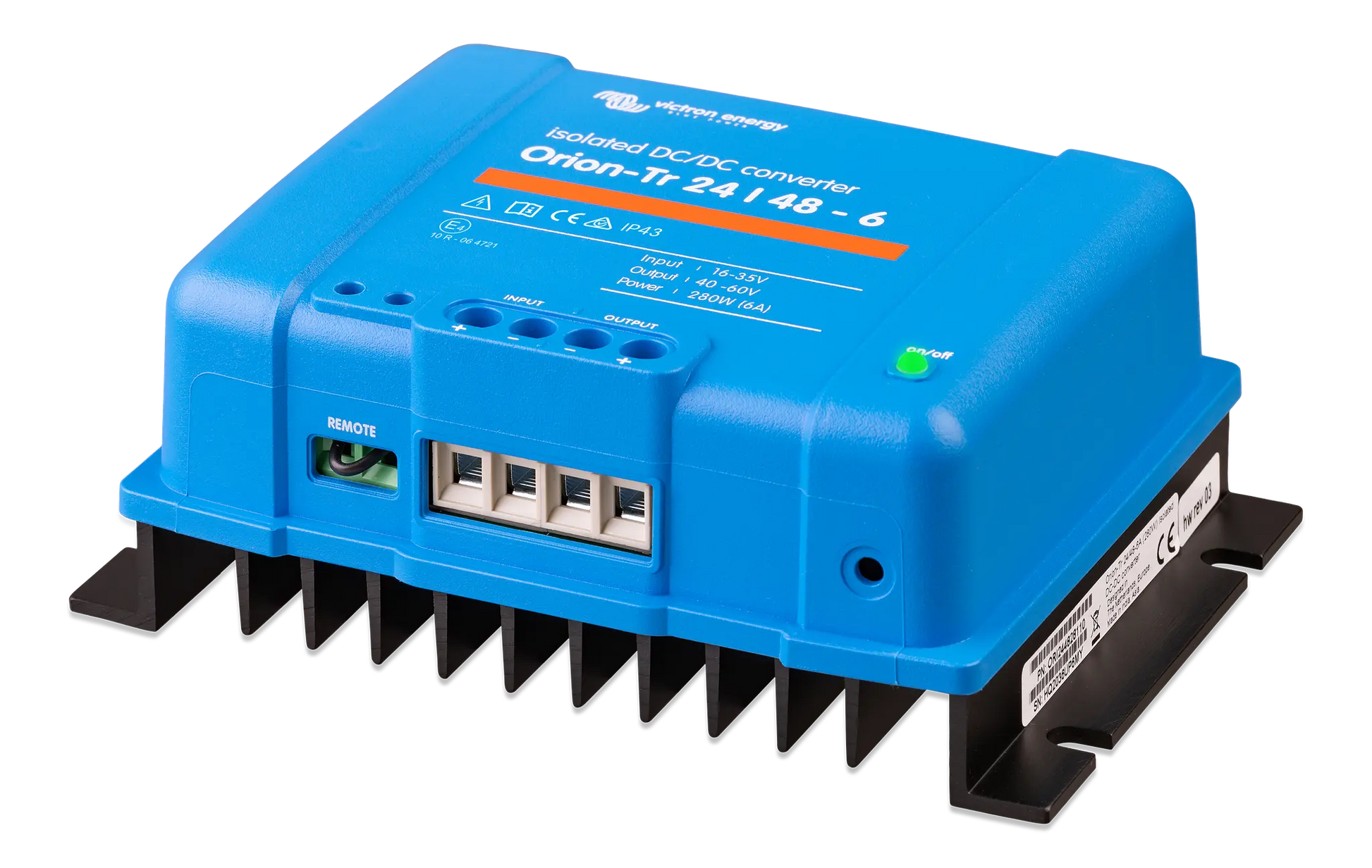 Blue power converter with brand logo on a white background