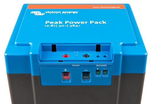 Blue and black Peak Power Pack with Victron Energy branding on a white background