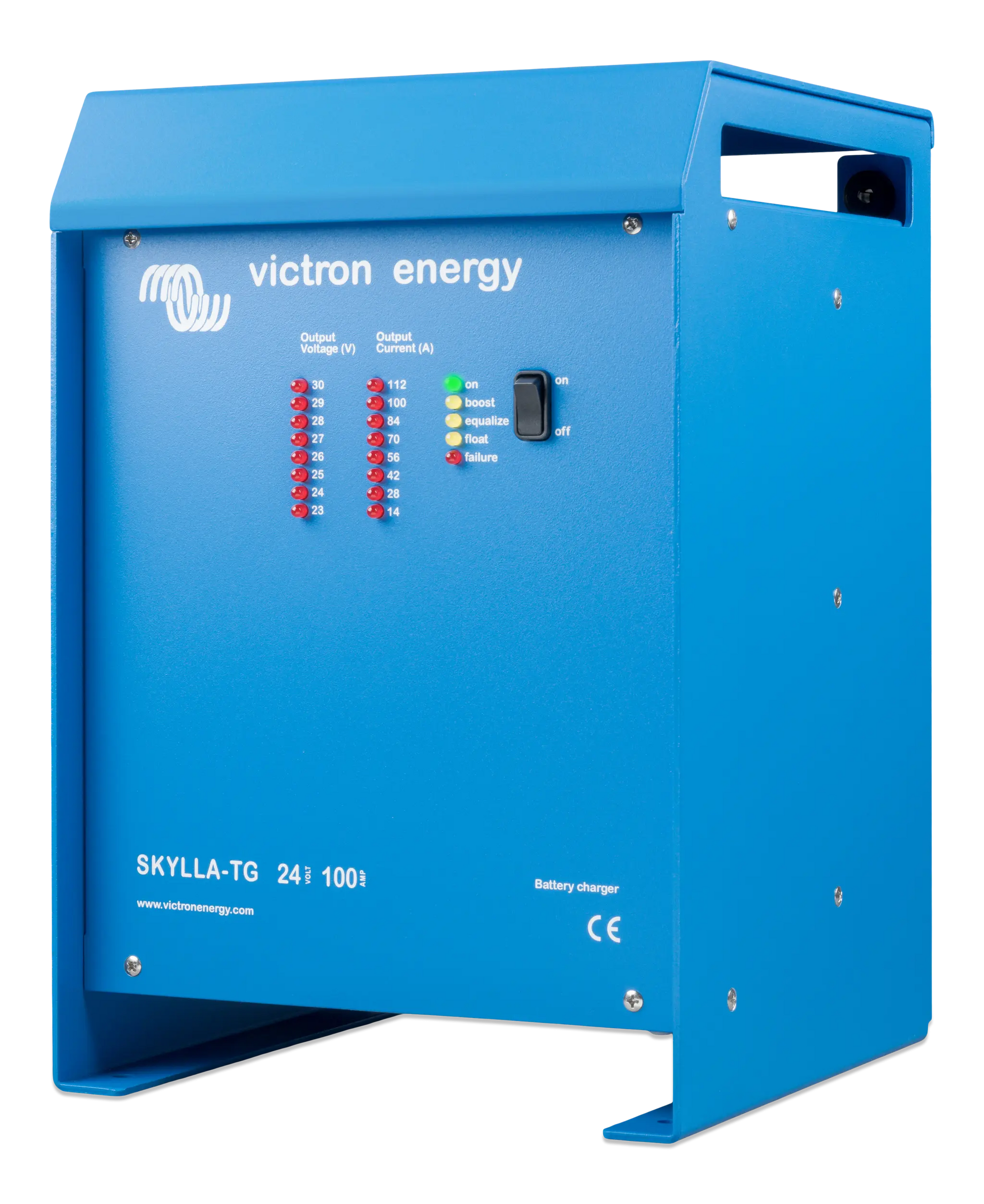 Blue Victron Energy SKYLLA-TG battery charger on a white background
