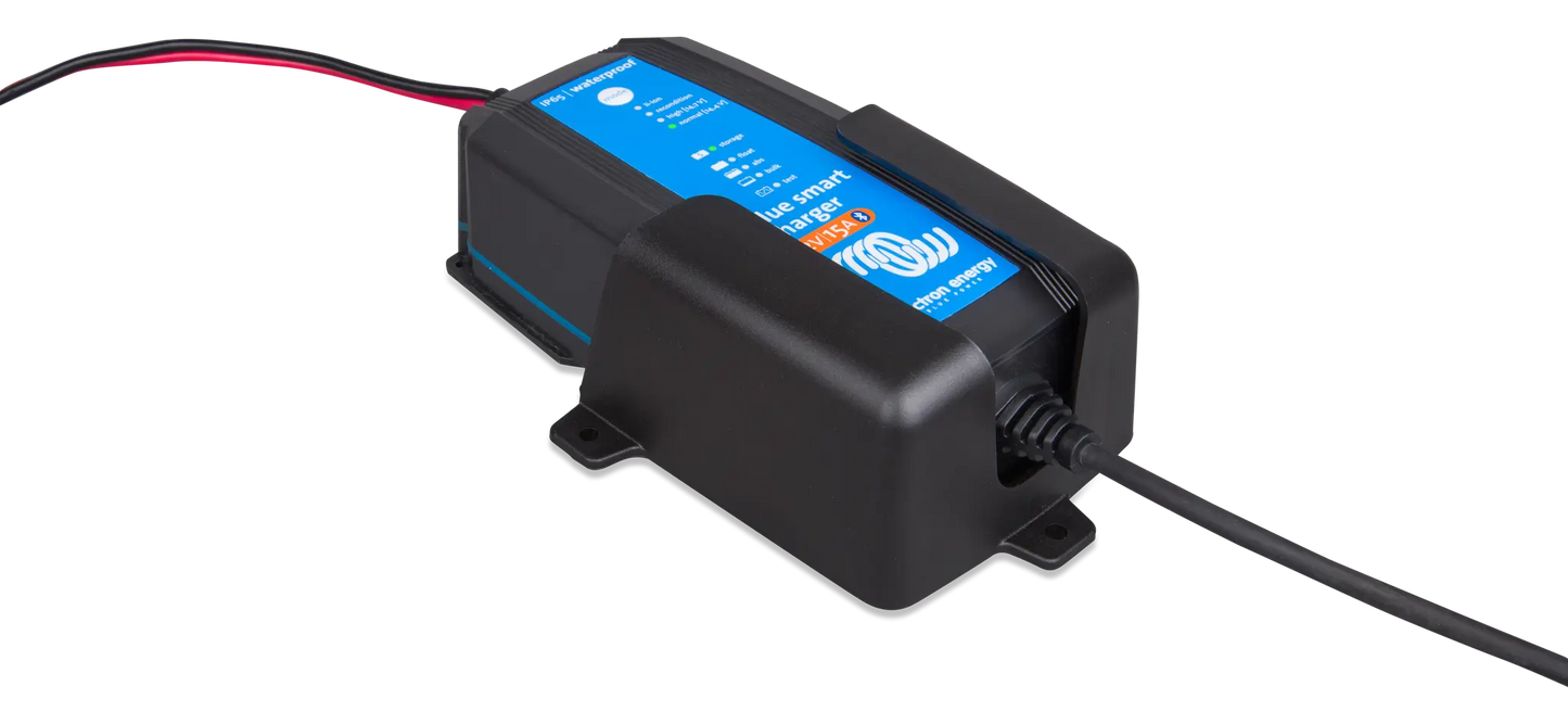 Black electronic device with blue display on a white background