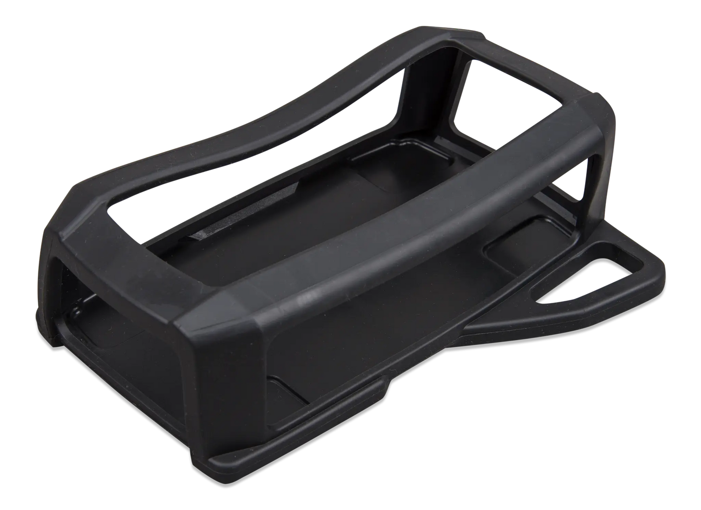 Black plastic bracket on a white background