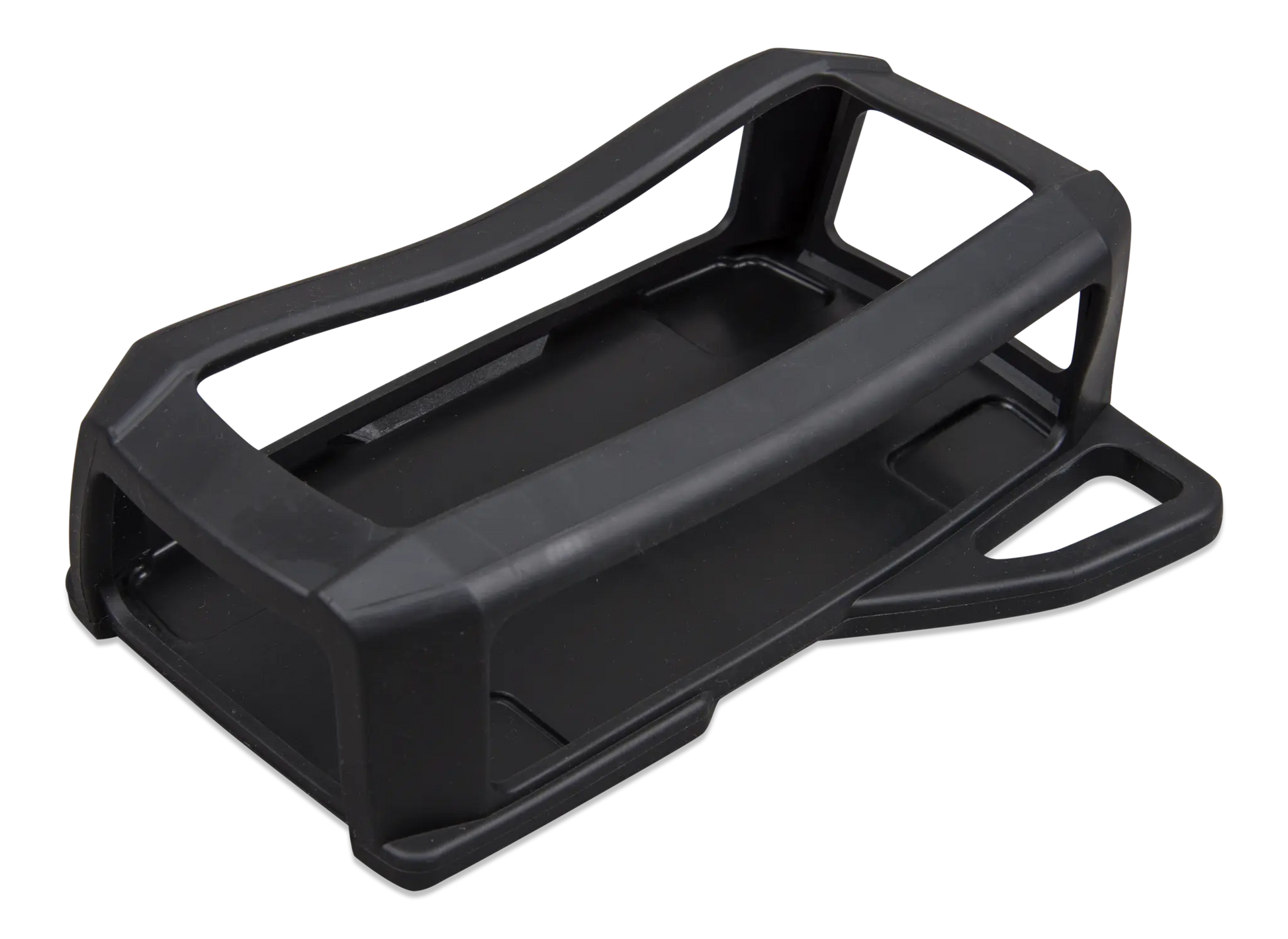 Black plastic bracket on a white background