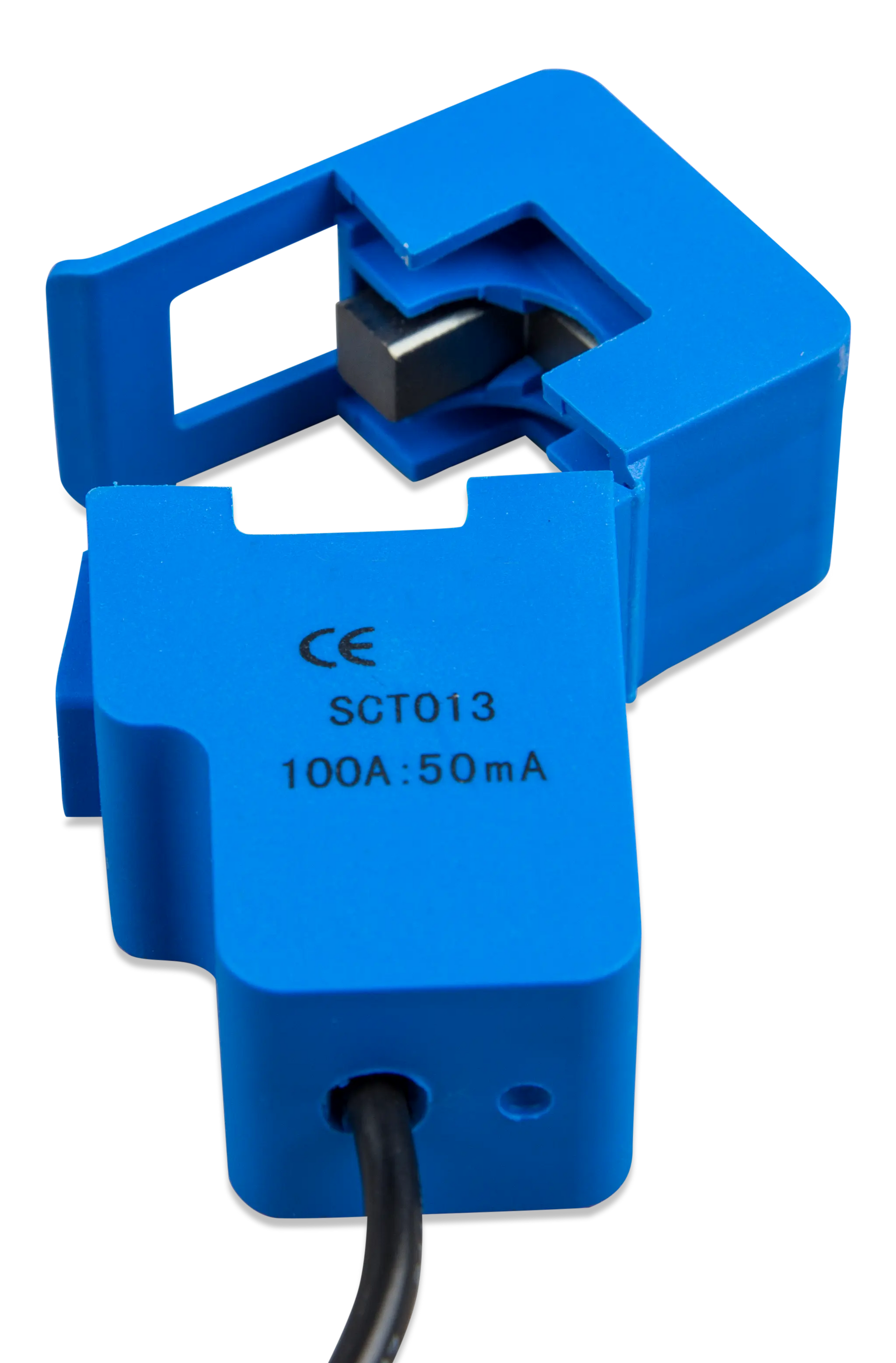 Blue current transformer with 'SCT013' marking on a white background