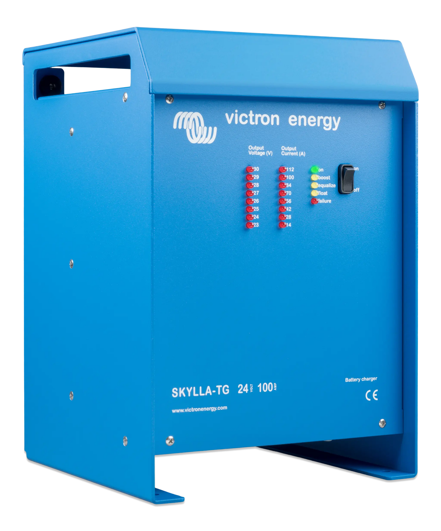 Blue Victron Energy battery charger on a white background