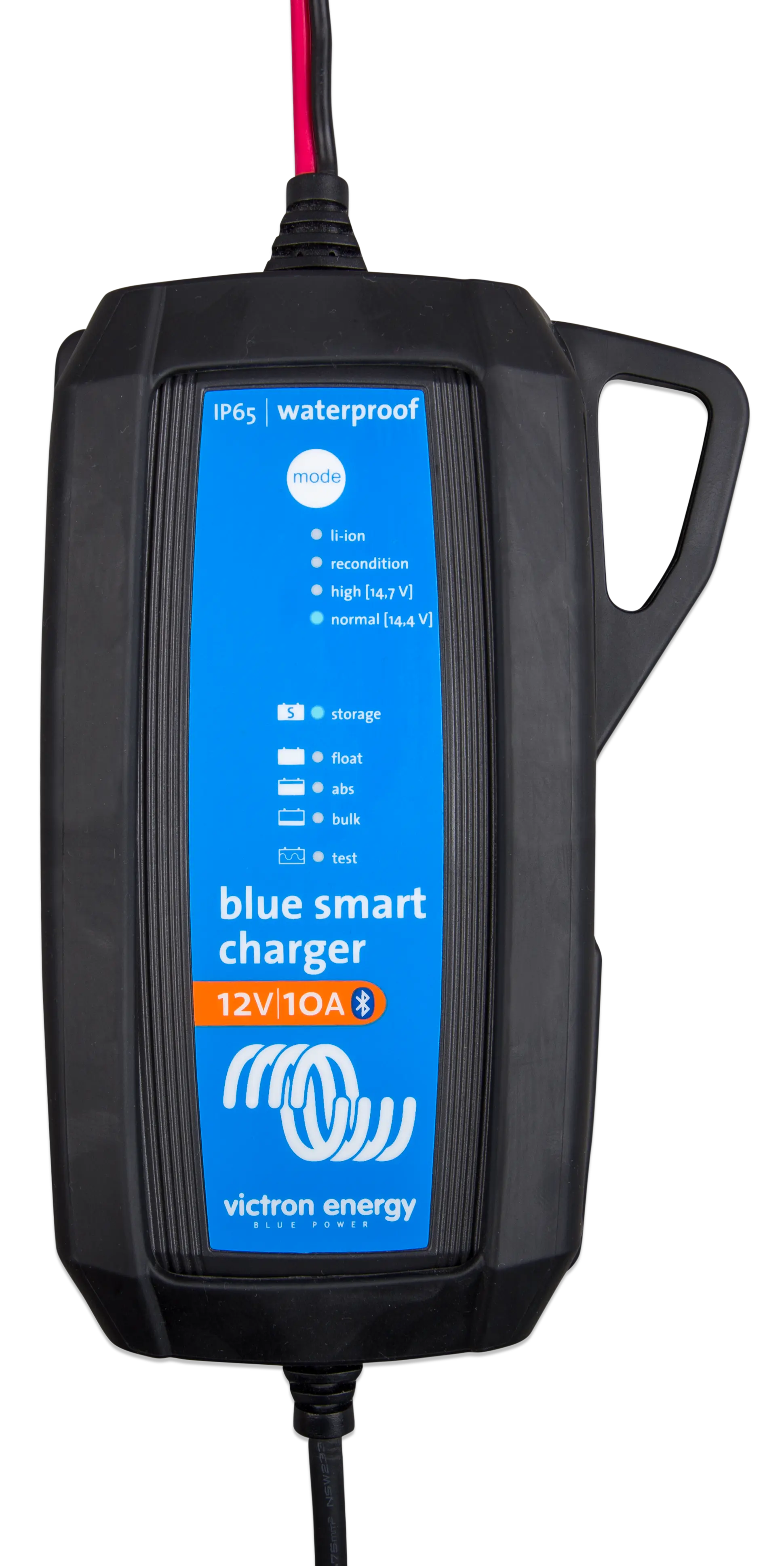 Victron Energy blue smart charger with a black casing and blue display on a white background