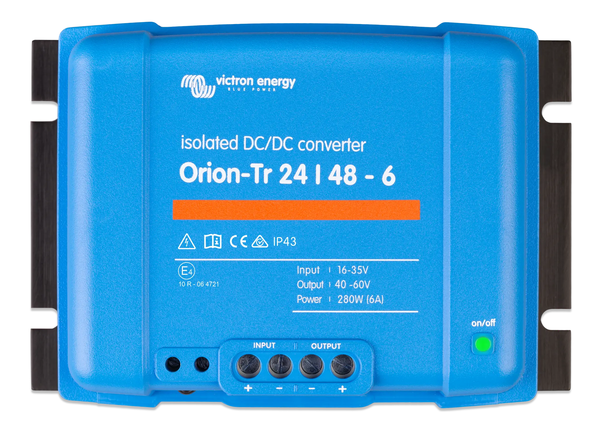 Blue isolated DC/DC converter with Victron Energy branding on a white background