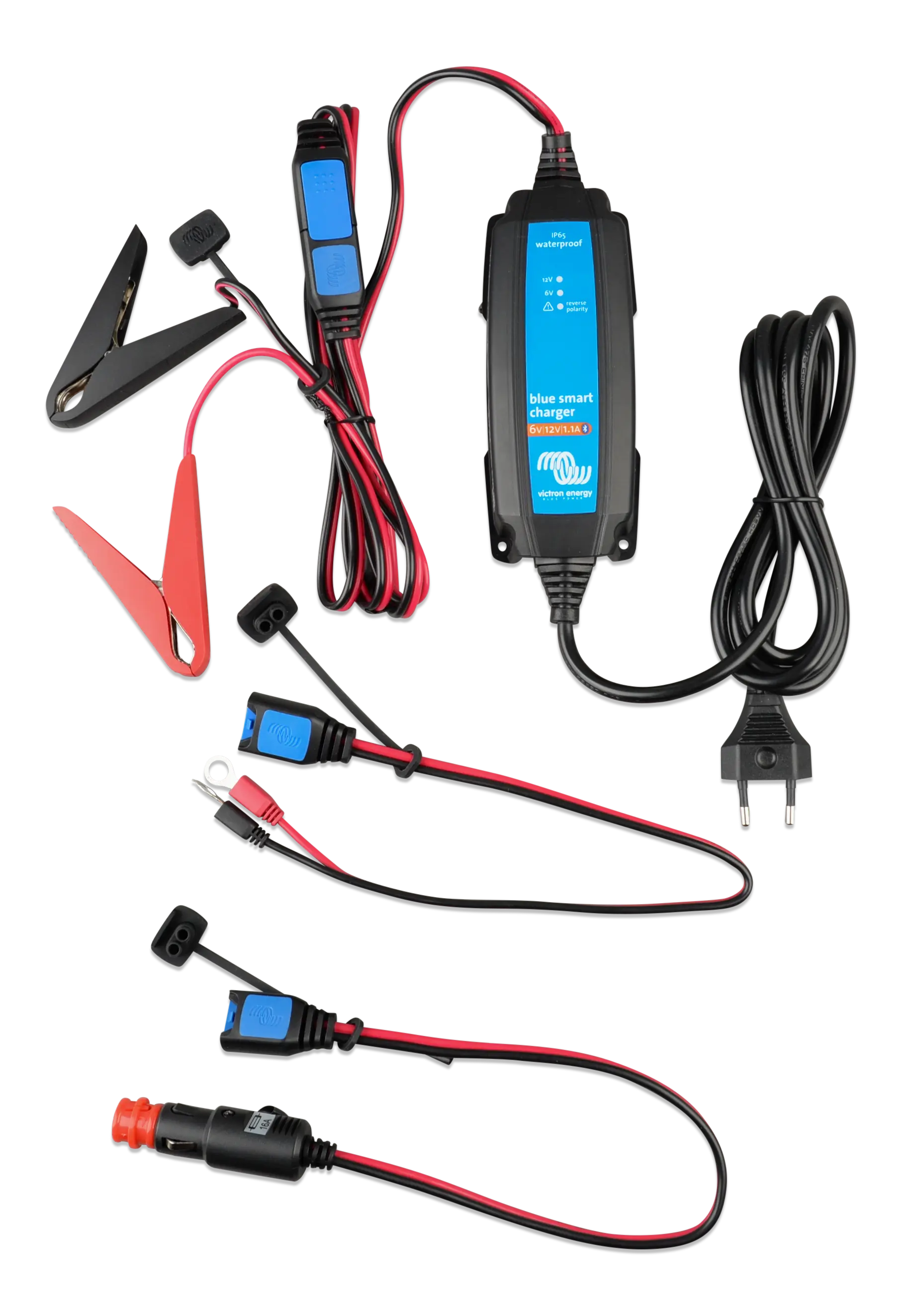 Battery charger with cables and connectors on a white background