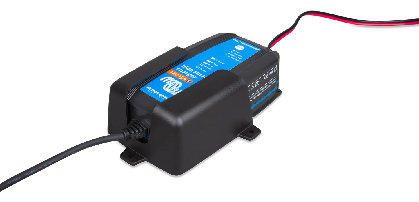 Black electronic device with blue label on a white background