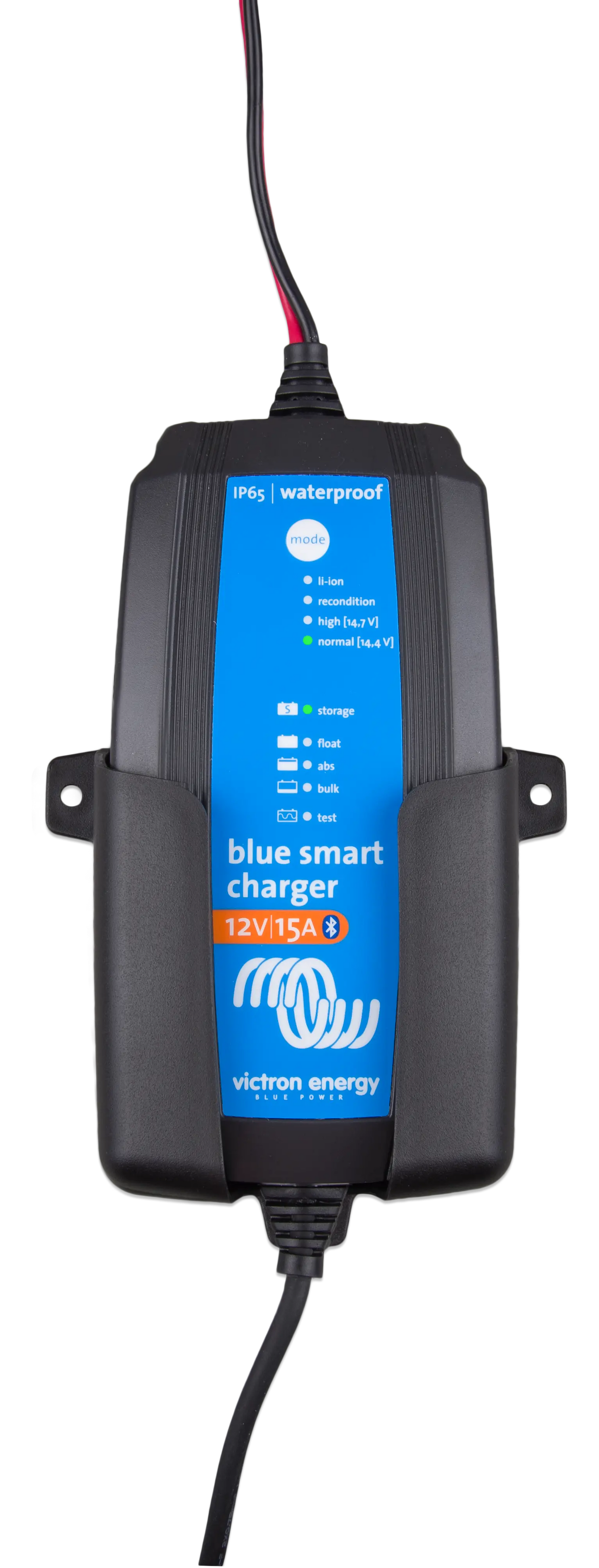 Blue smart charger with visible branding on a white background