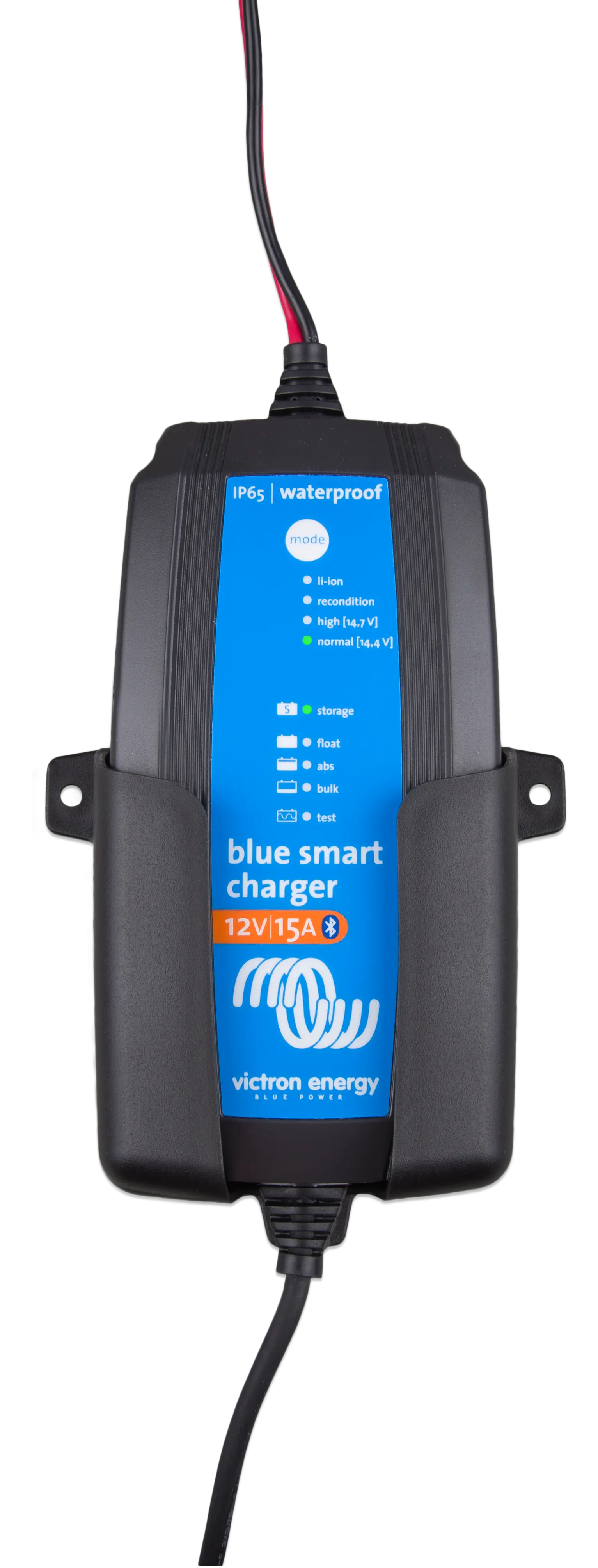 Blue smart charger with visible branding on a white background