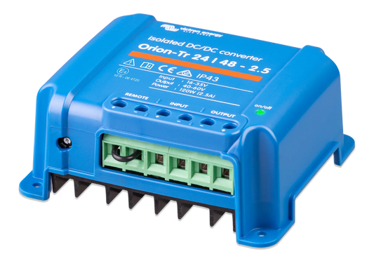 Blue DC/DC converter with label on a white background