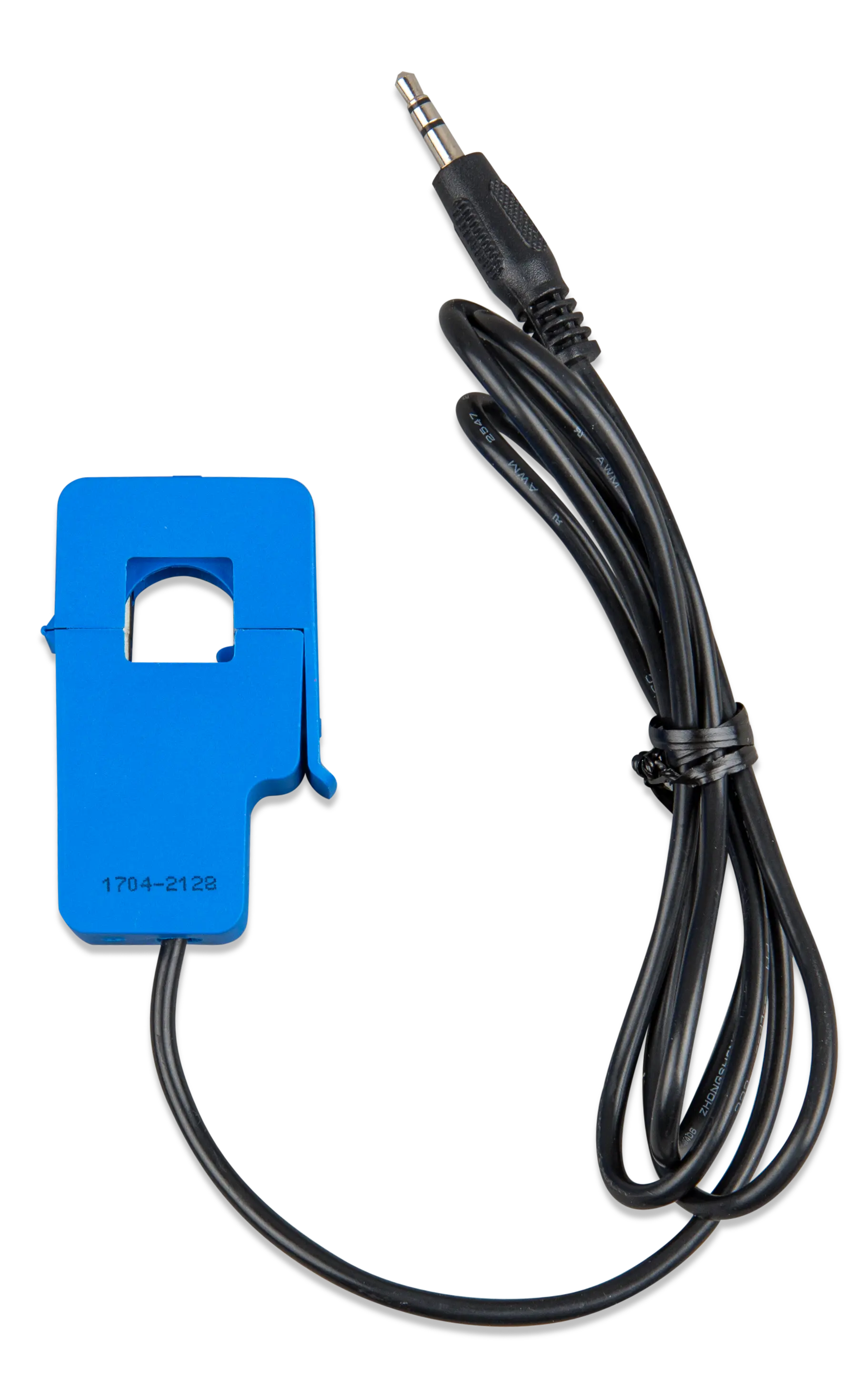 Blue clip with a black cable on a white background