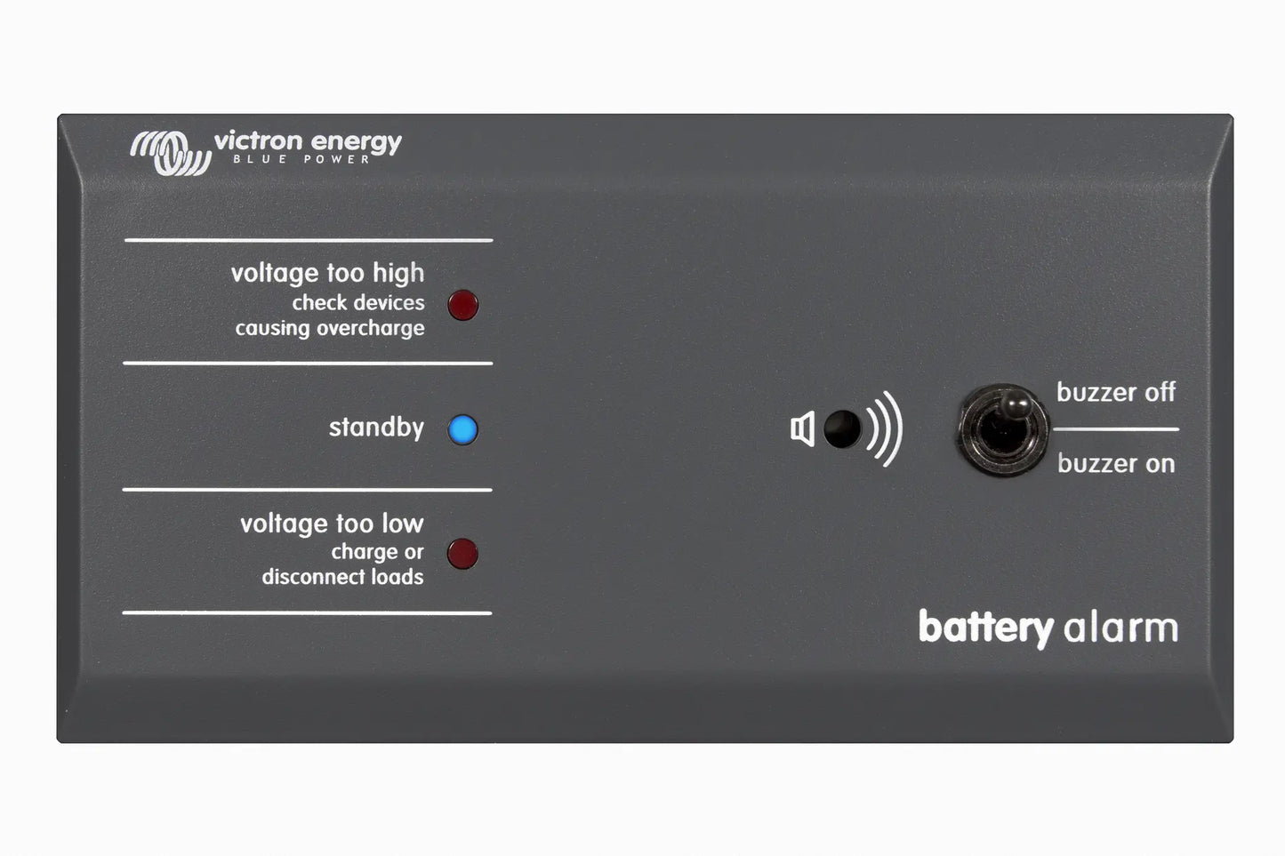 Victron Energy battery alarm with text and icons on a gray background