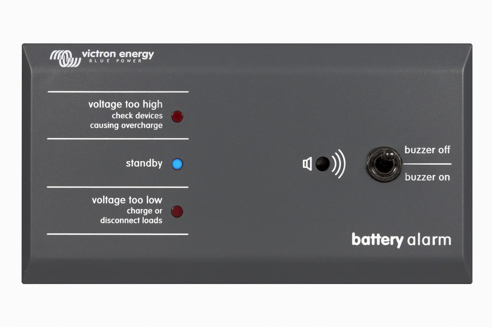 Victron Energy battery alarm with text and icons on a gray background