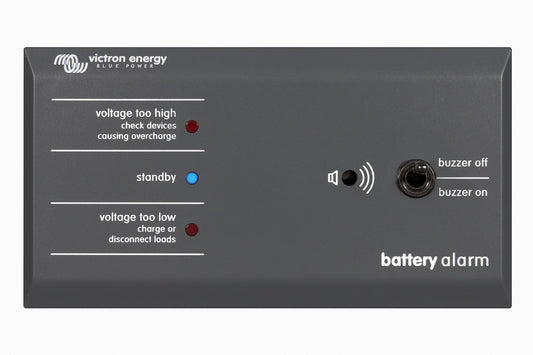 Victron Energy battery alarm with text and icons on a gray background