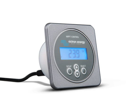 Digital display with Victron Energy branding on a white background