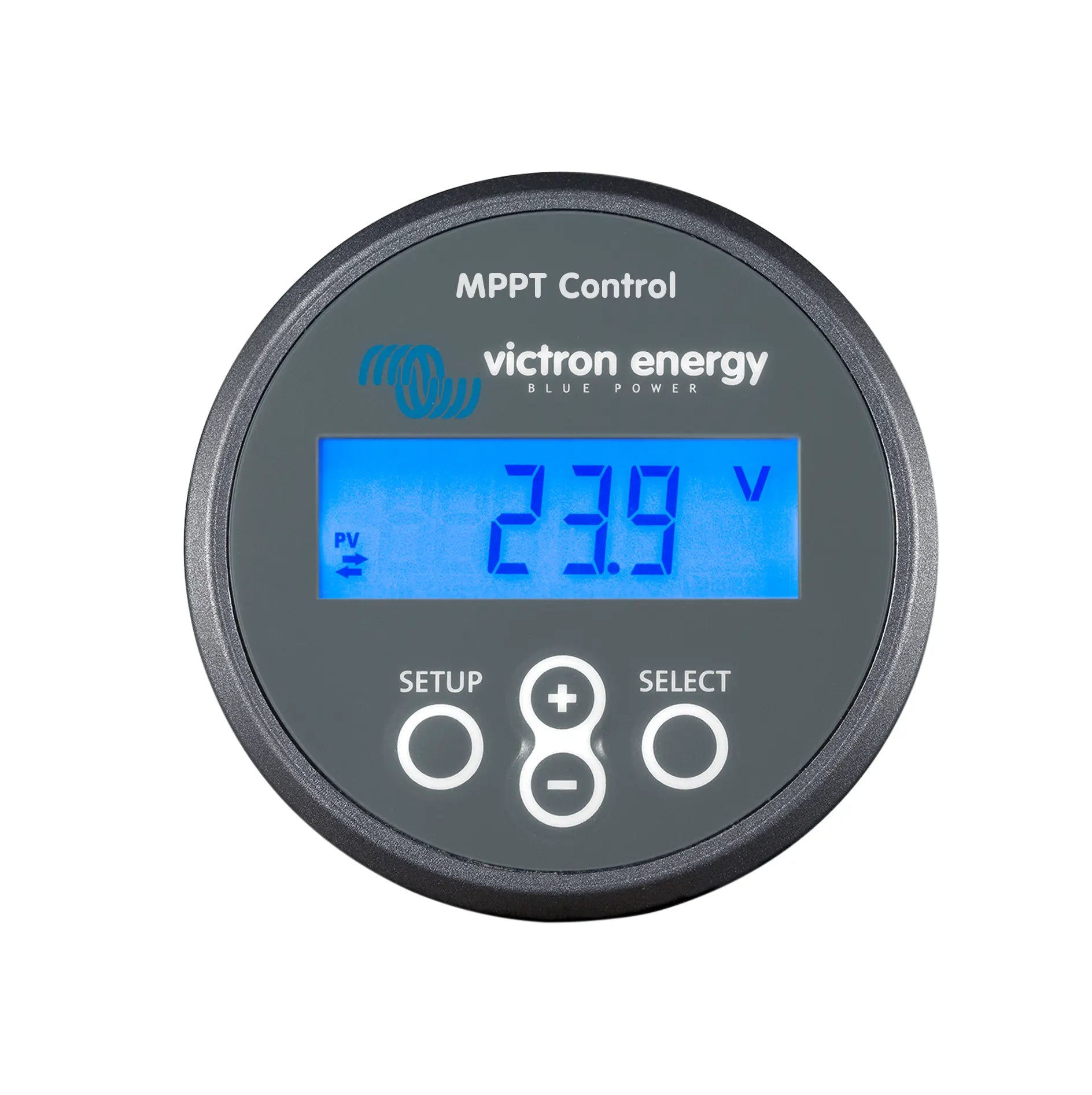Victron energy MPPT control panel with digital display on a white background