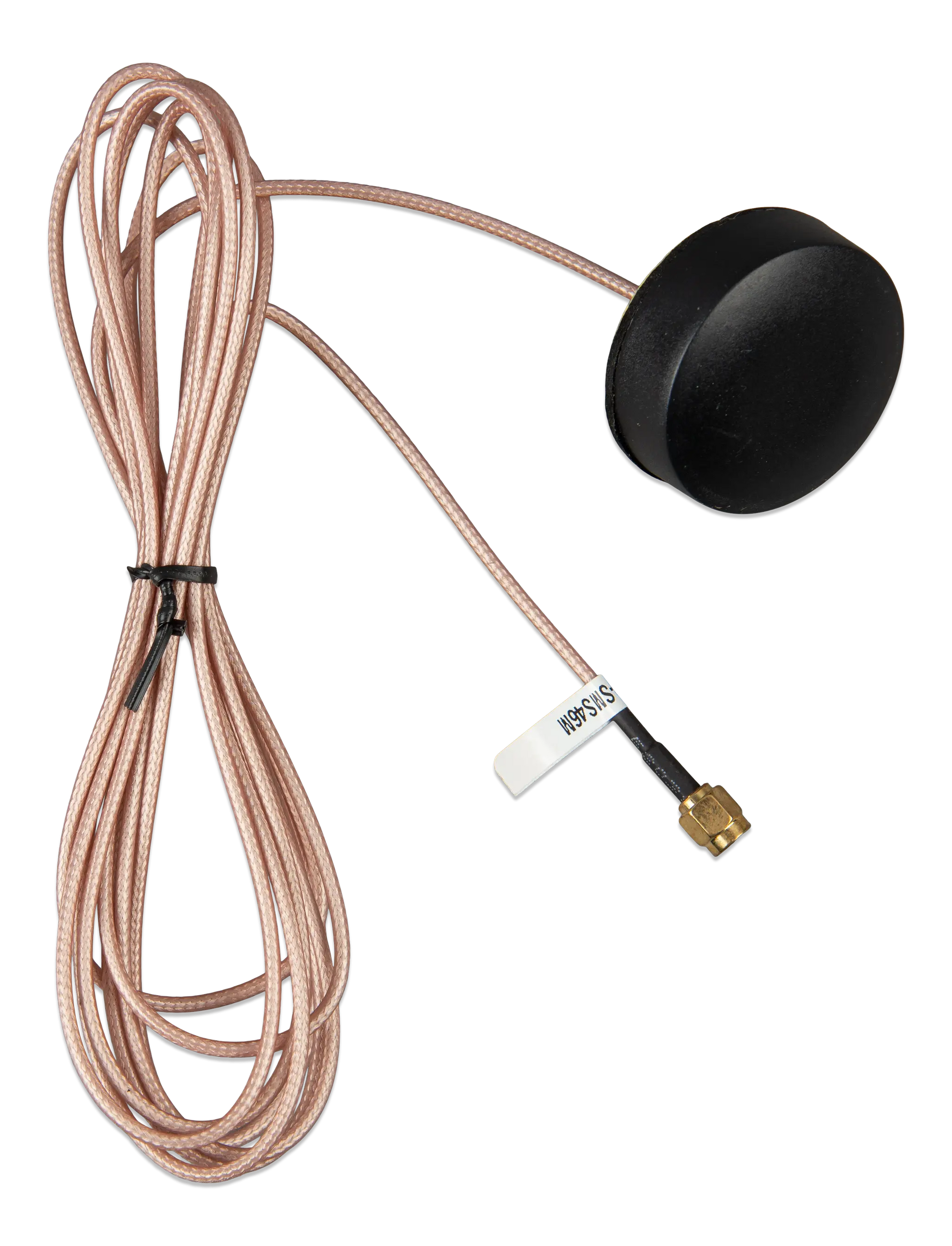 Antenna with coiled cable and black connector on a white background