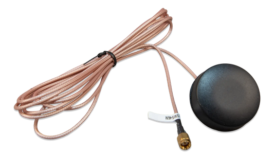 Black antenna with coiled cable on a white background