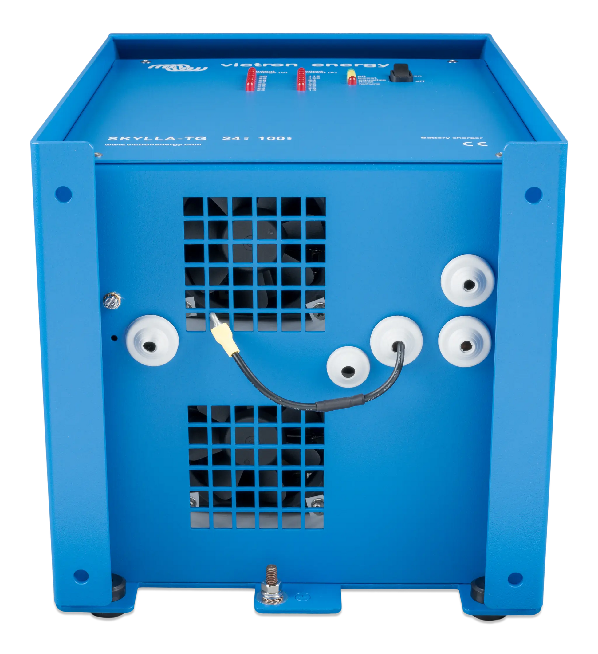 Blue battery pack with visible branding on a white background