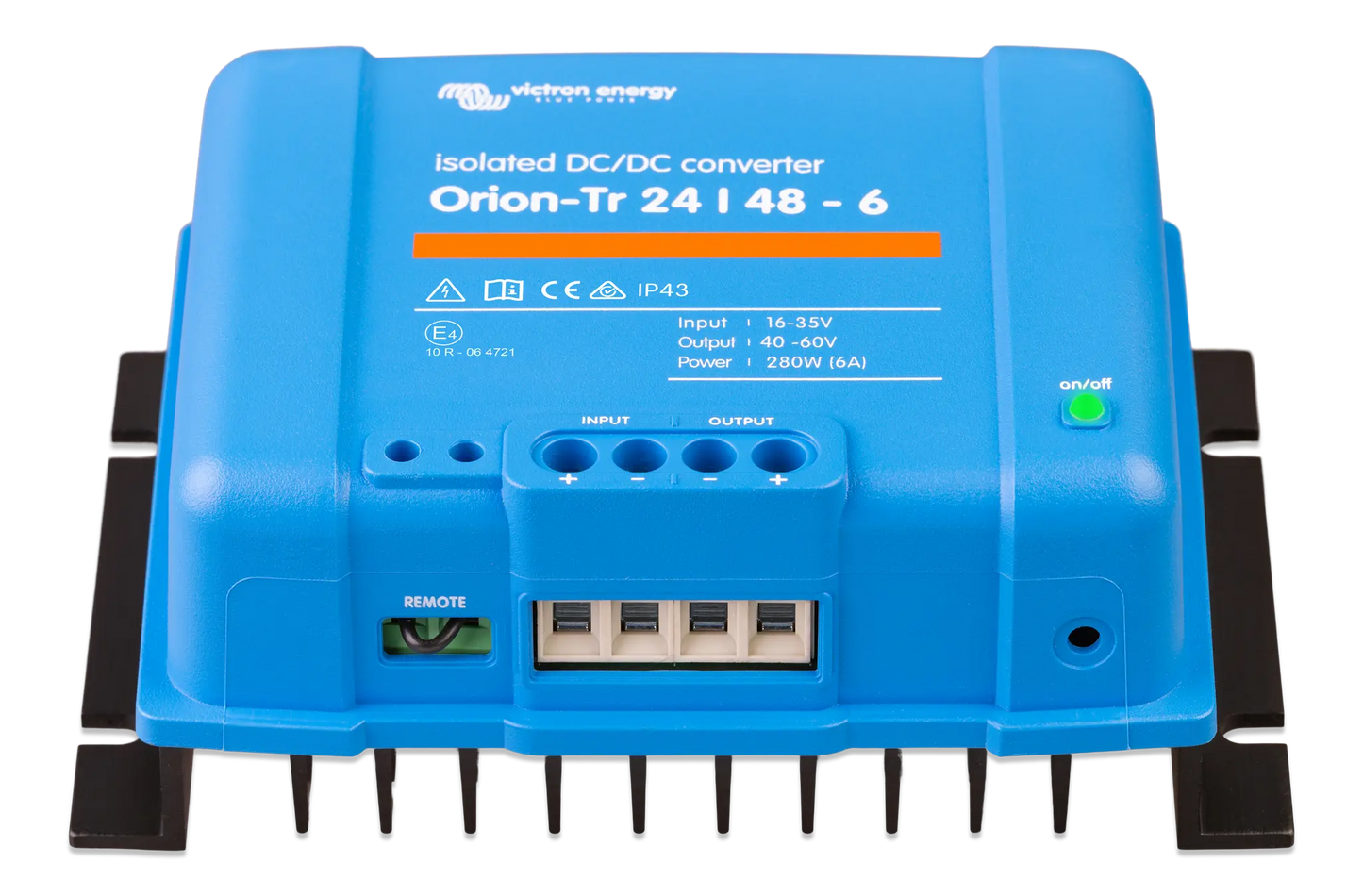 Blue isolated DC/DC converter with brand logo on a white background