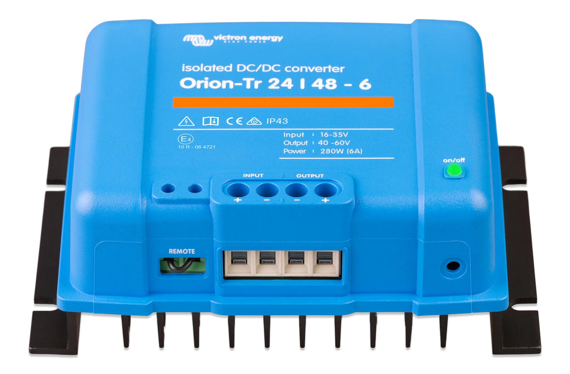 Blue isolated DC/DC converter with brand logo on a white background