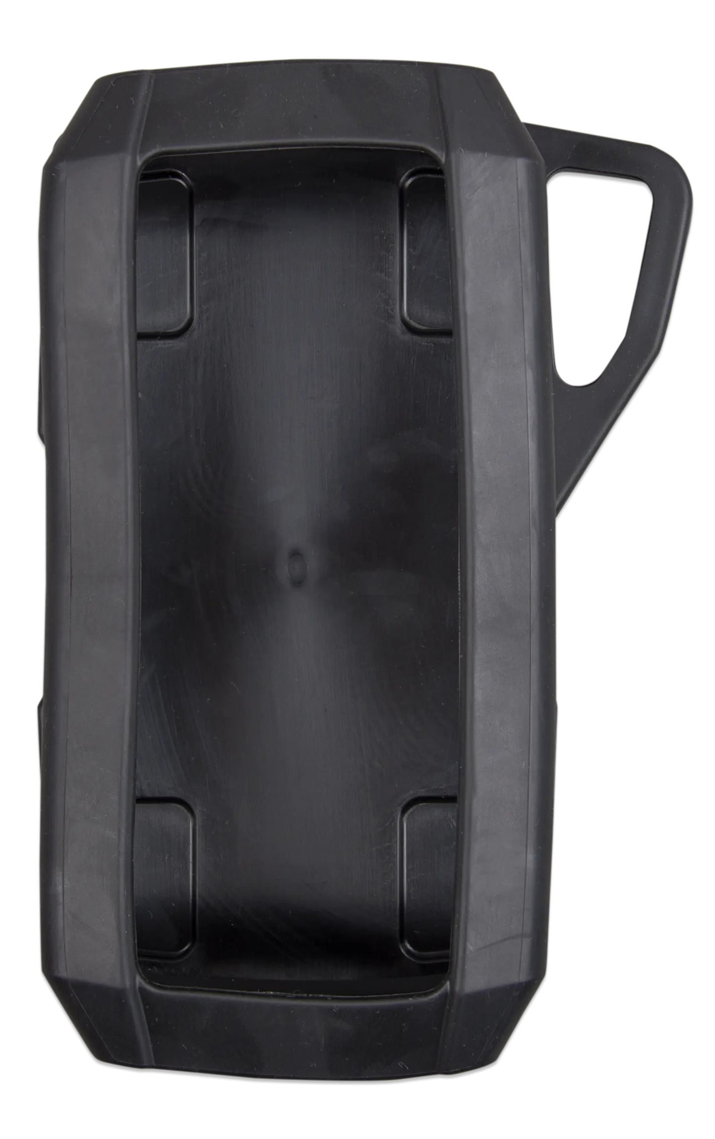 Black plastic container with a handle on a white background