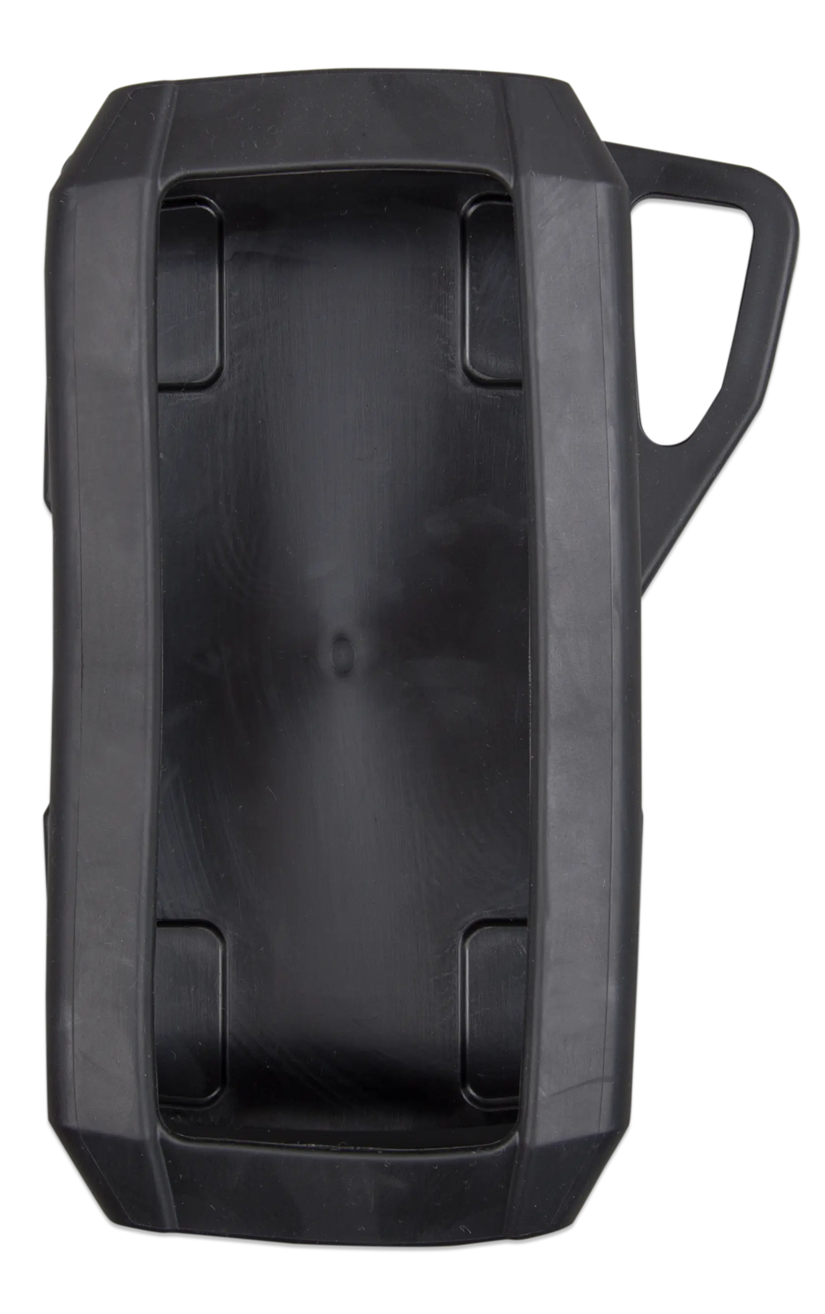 Black plastic container with a handle on a white background