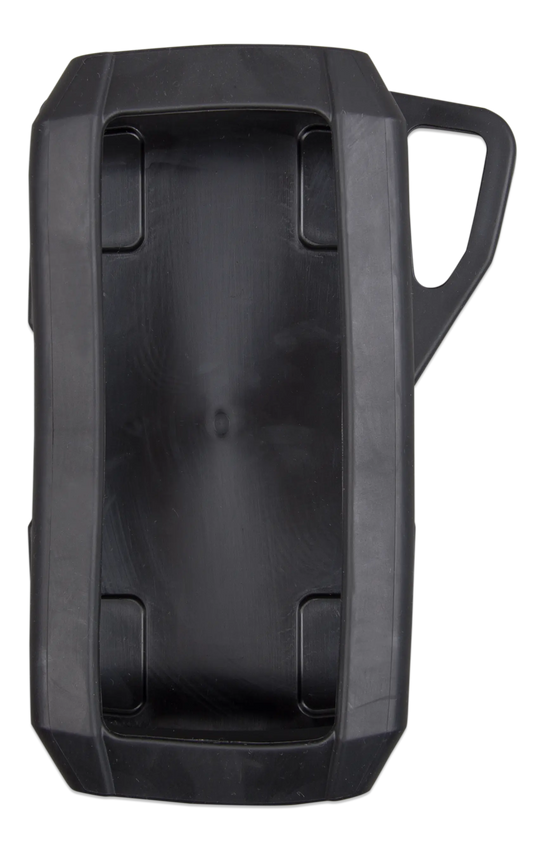 Black plastic container with a handle on a white background