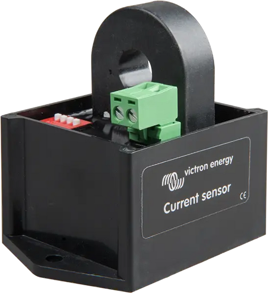 Current sensor with green connectors and Victron Energy branding on a white background
