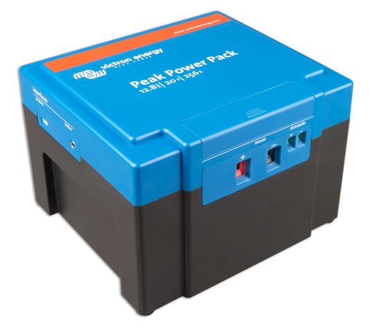 Peak power pack with blue and black design on a white background