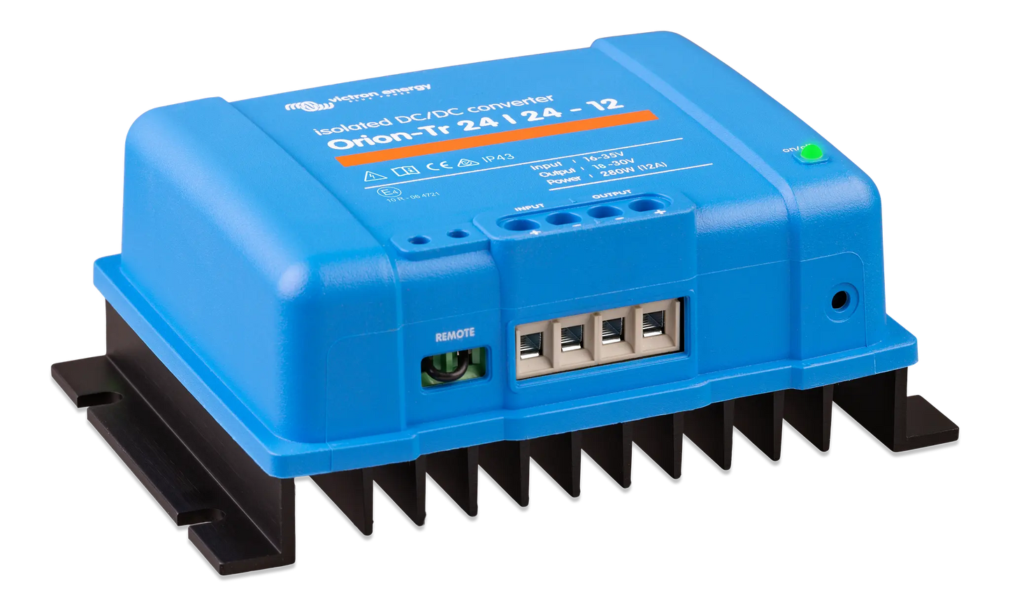 Blue power converter with brand logo on a white background