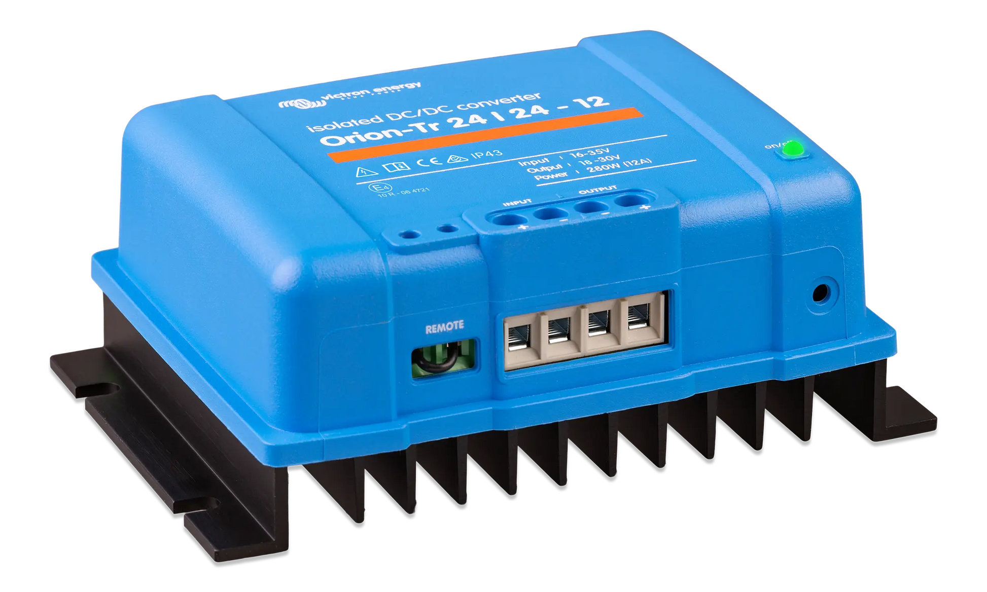 Blue power converter with brand logo on a white background