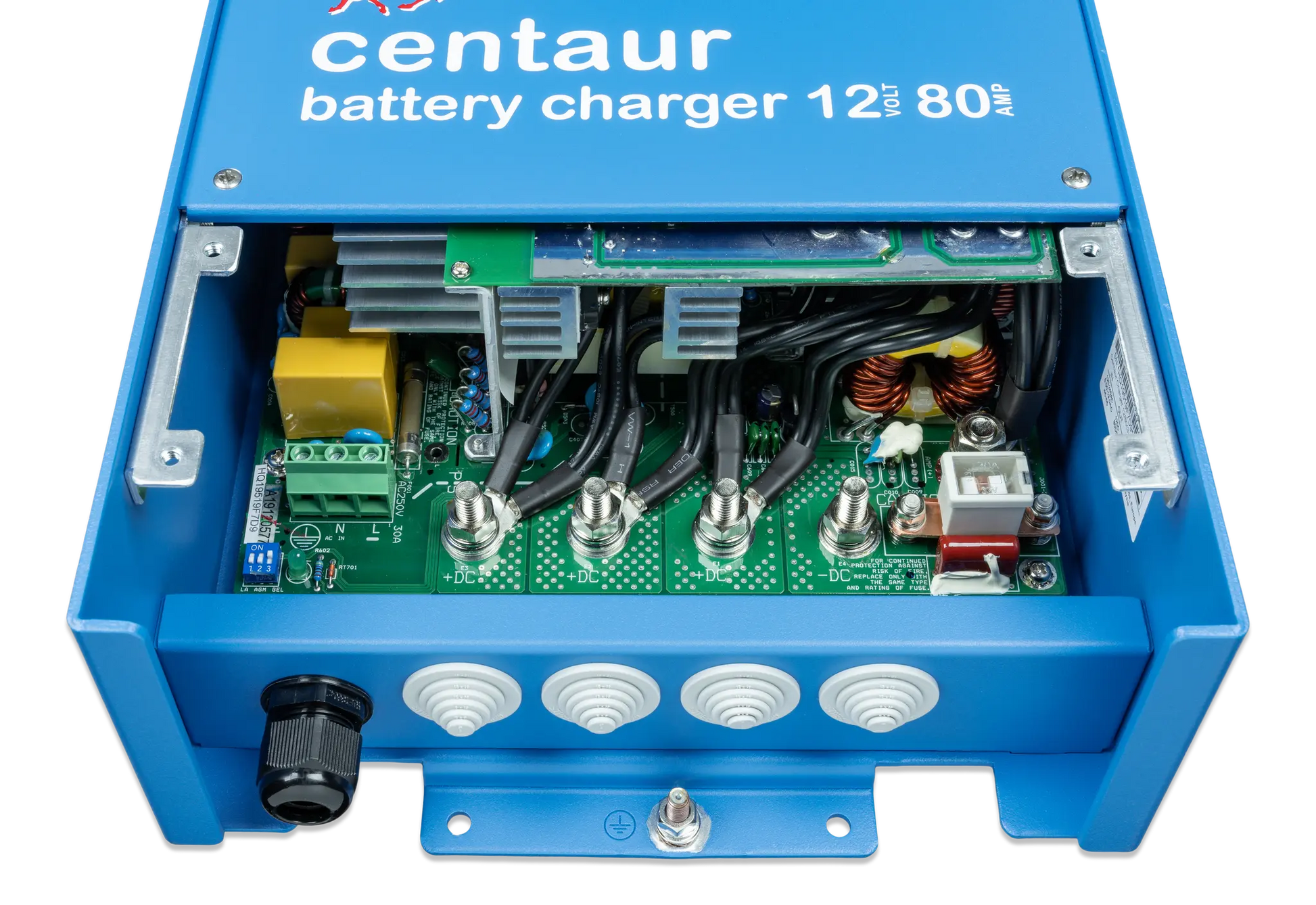 Blue centaur battery charger with visible circuitry on a white background