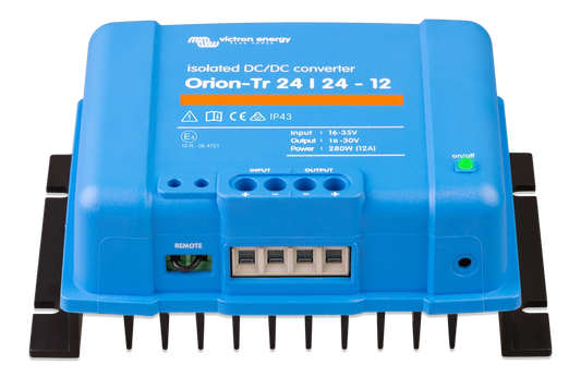 Blue isolated DC/DC converter with Victron Energy branding on a white background