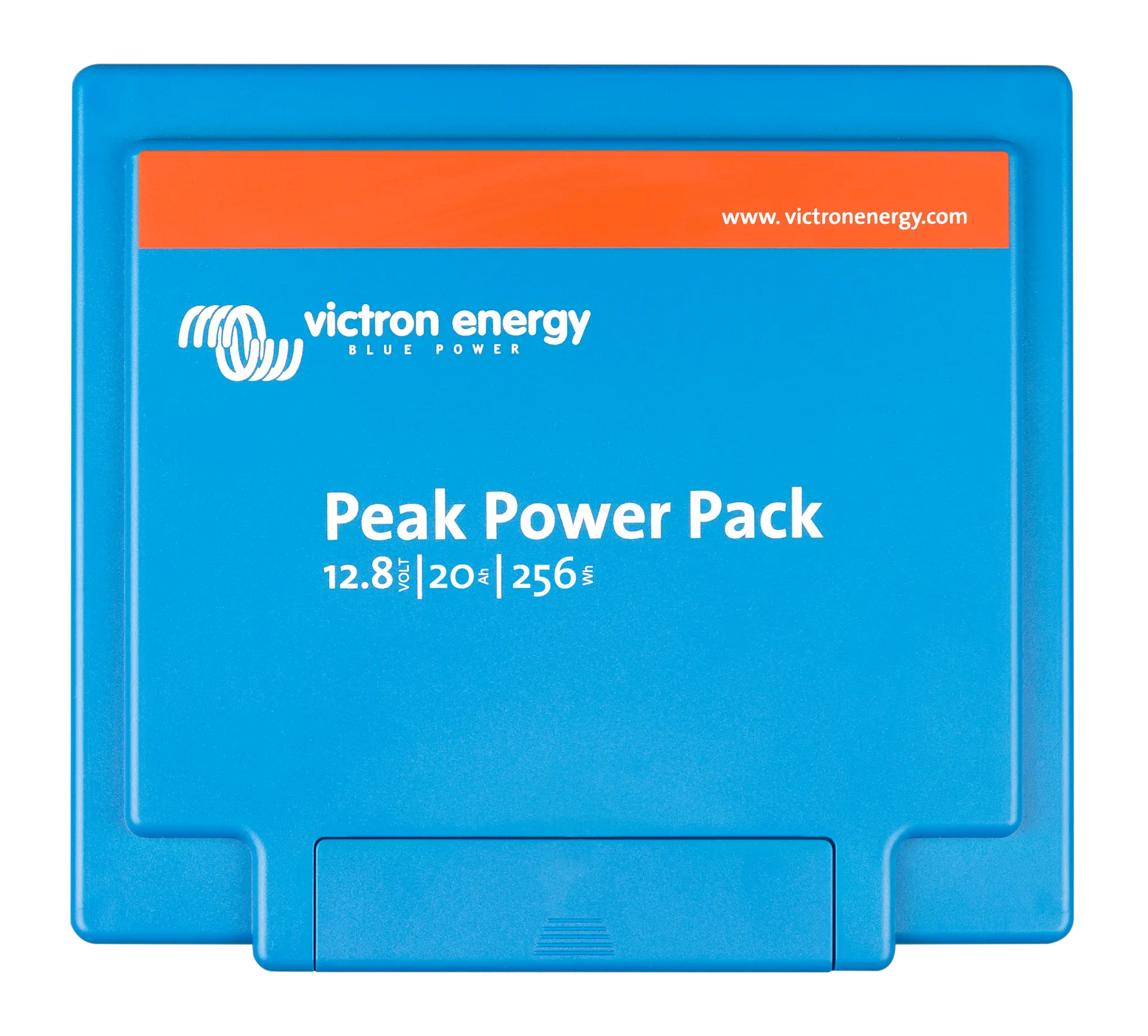 Blue Victron Energy Peak Power Pack with orange stripe on a white background