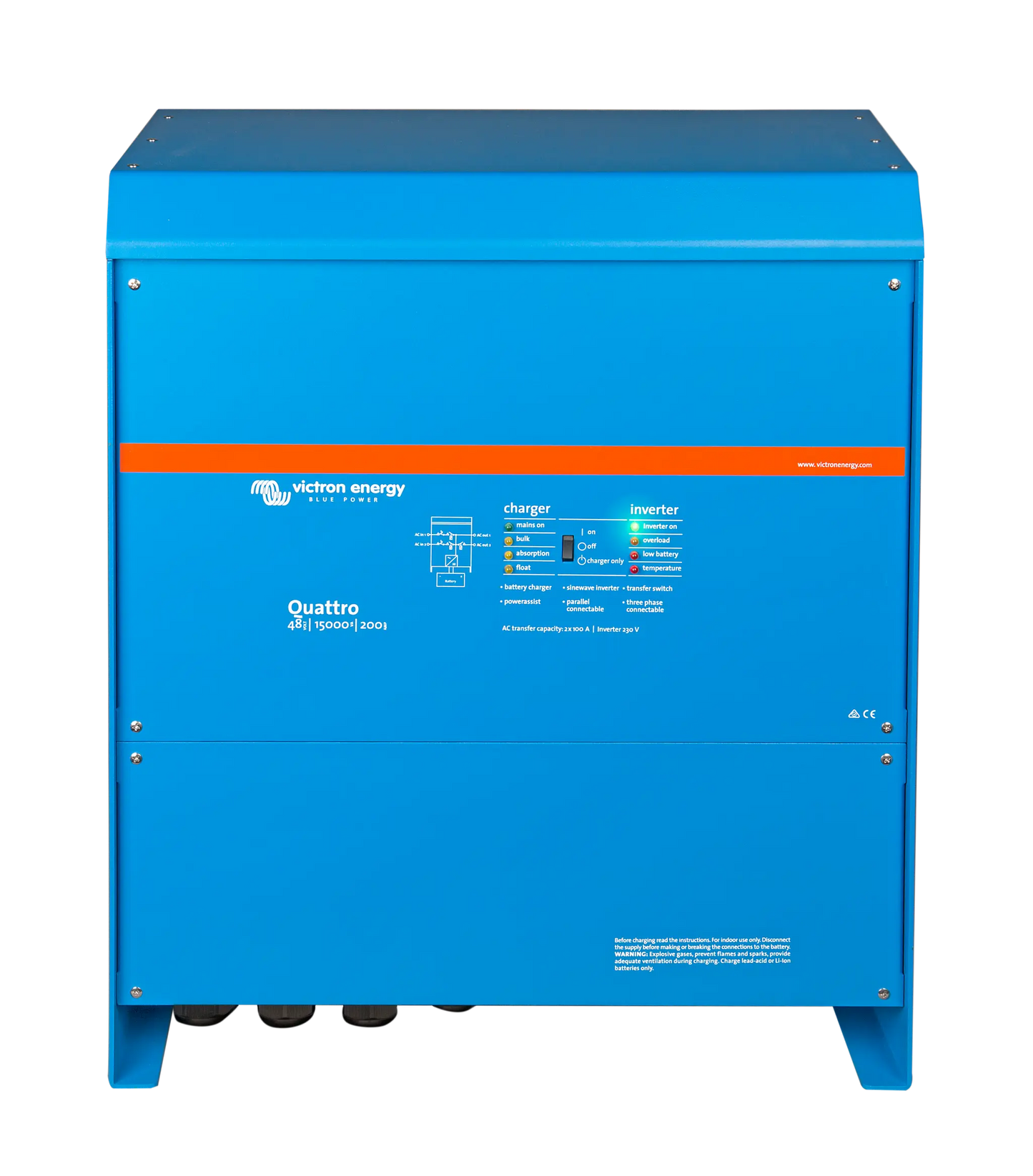 Blue Victron Energy Quattro battery charger on a white background