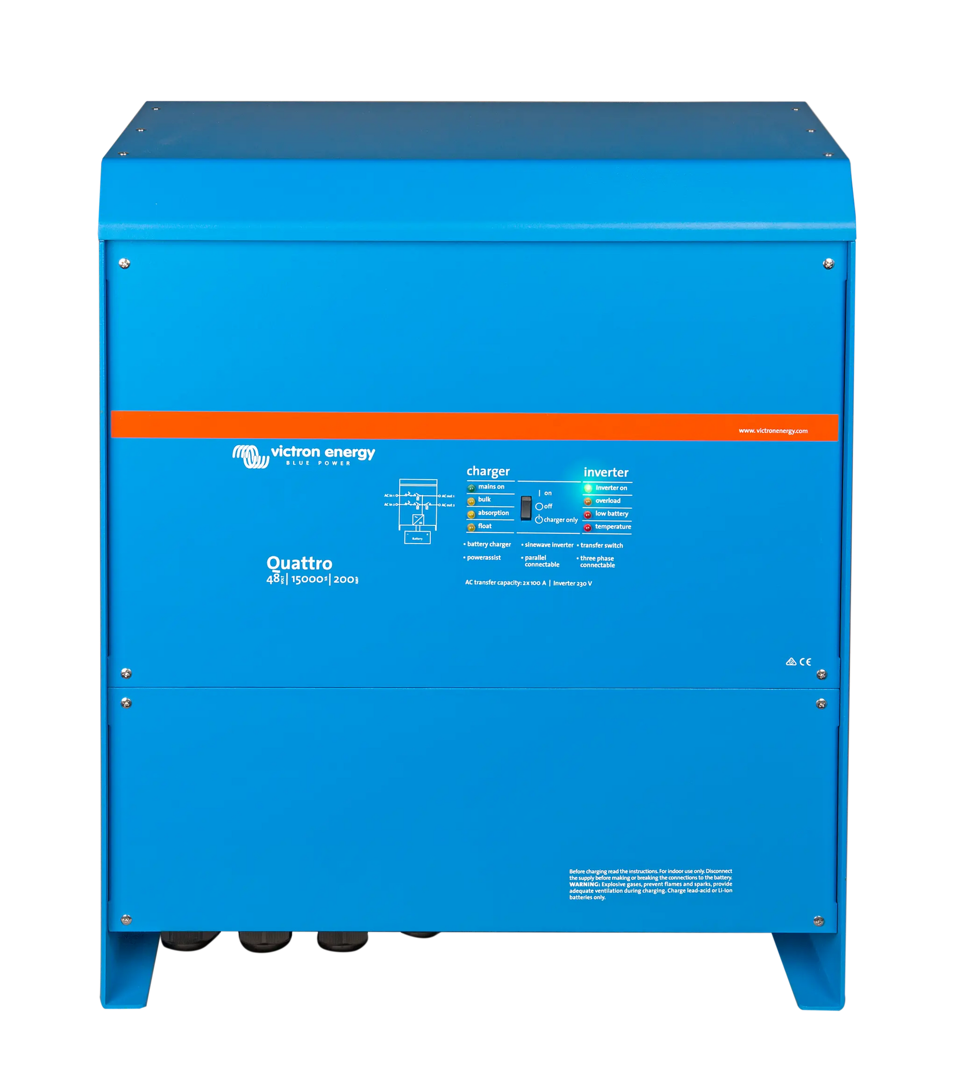 Blue Victron Energy Quattro battery charger on a white background