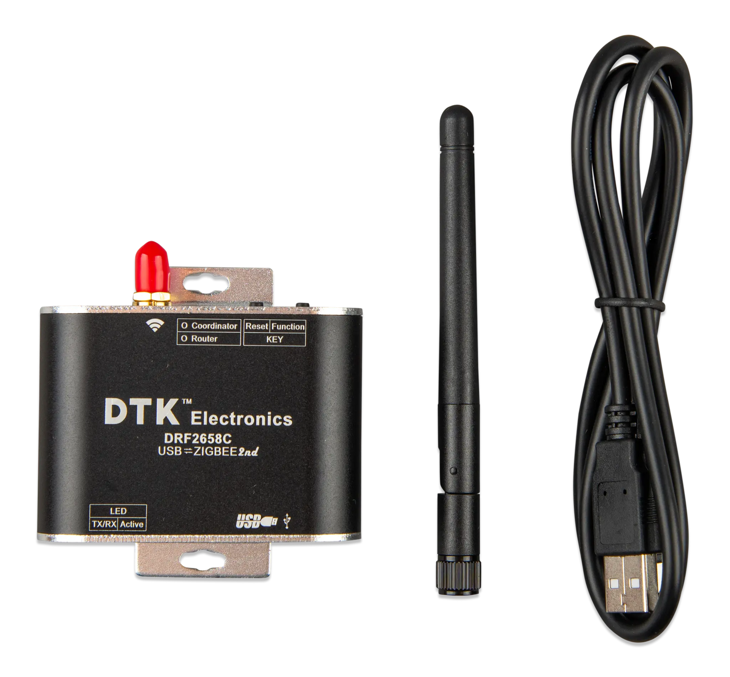 DTK Electronics Zigbee module with antenna and cable on a white background