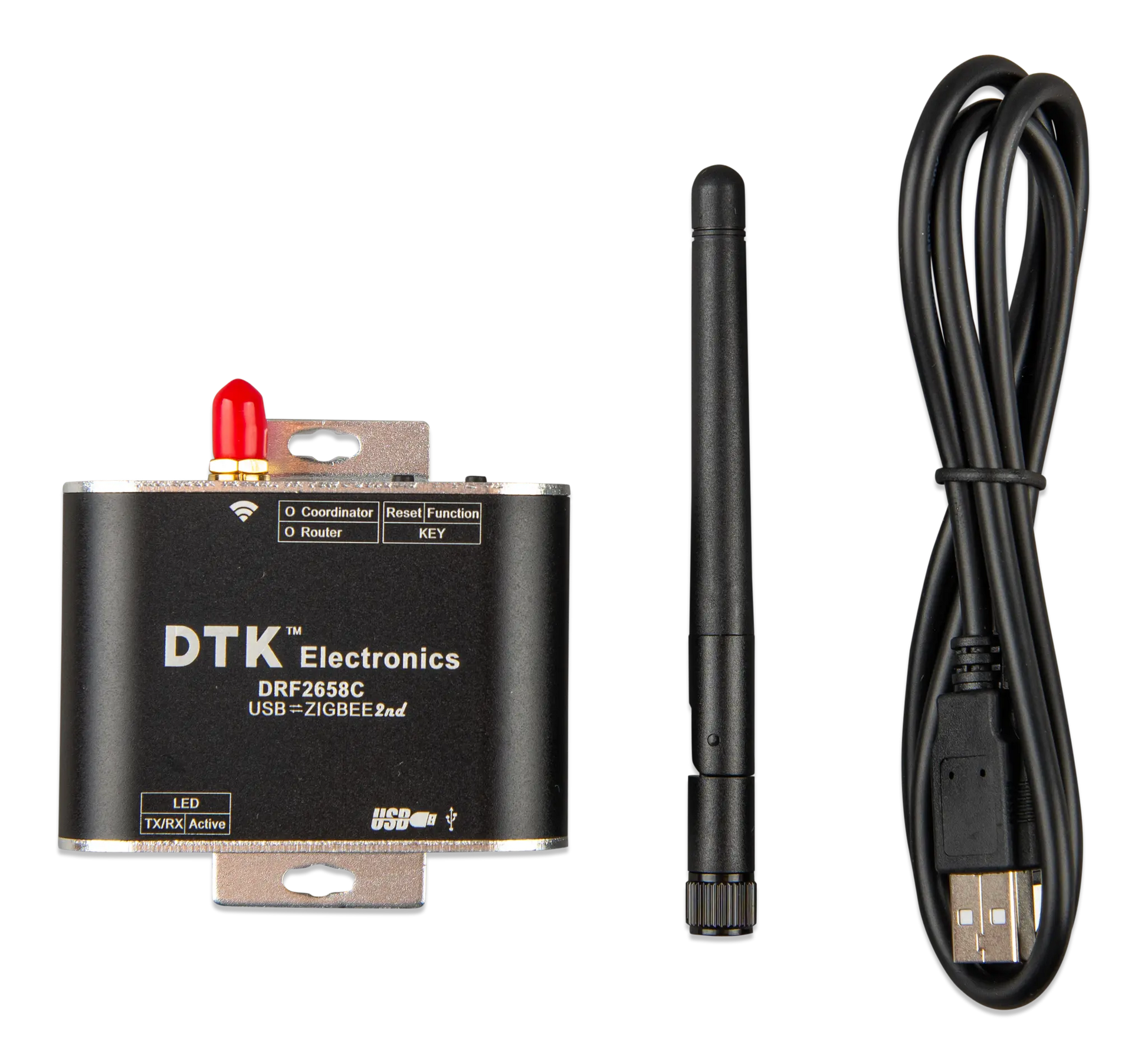 DTK Electronics Zigbee module with antenna and cable on a white background