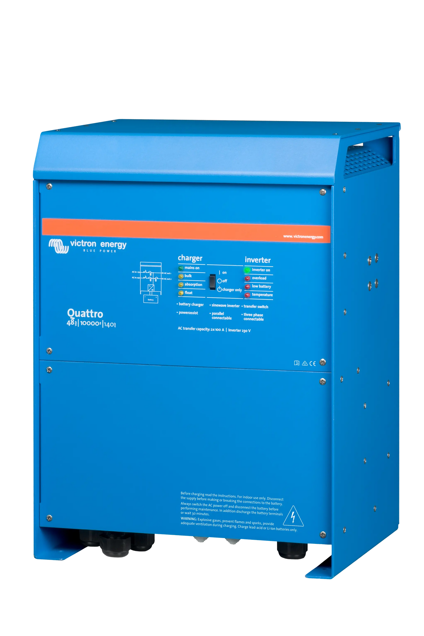 Blue Victron Energy Quattro inverter on a white background