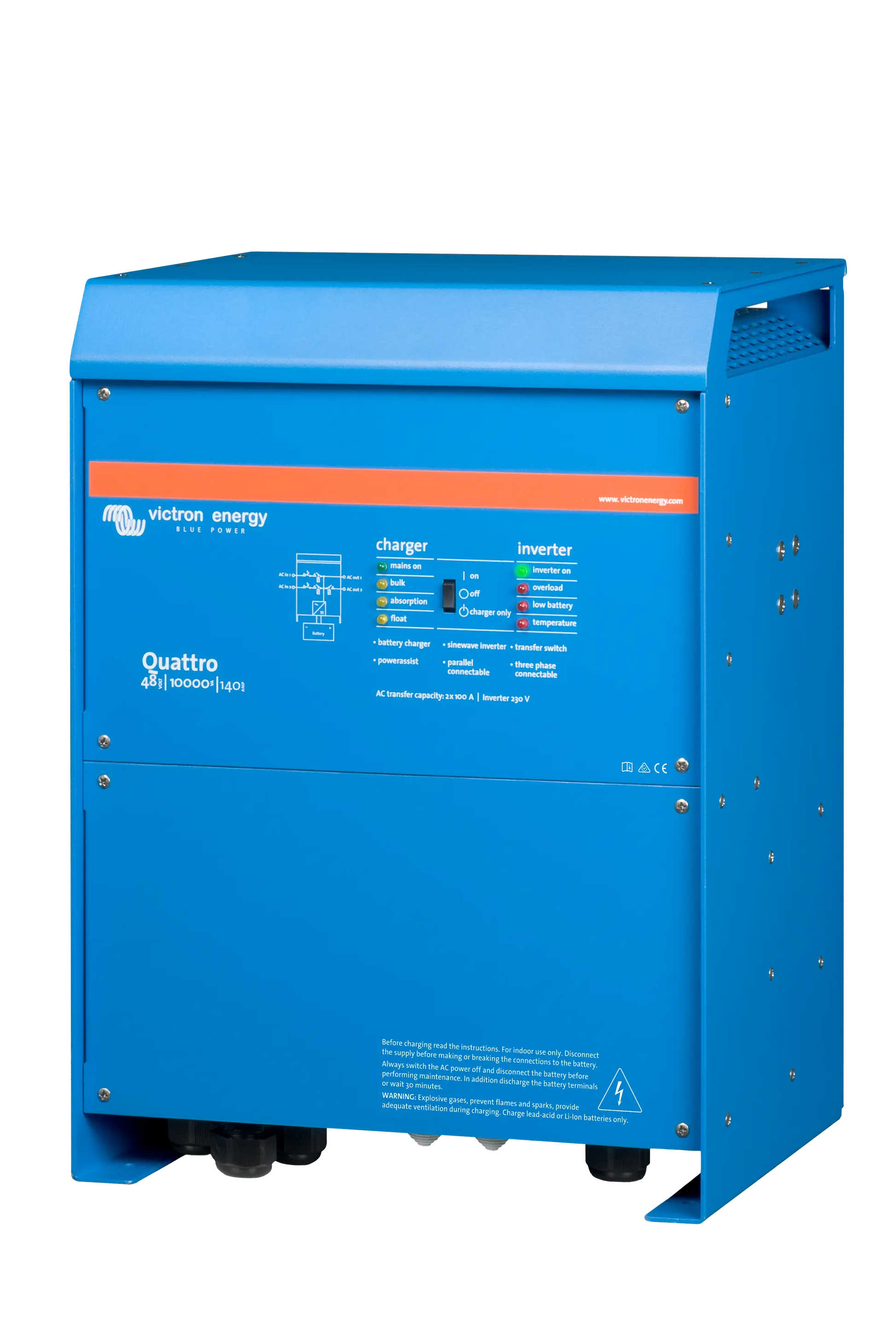 Blue Victron Energy Quattro inverter on a white background