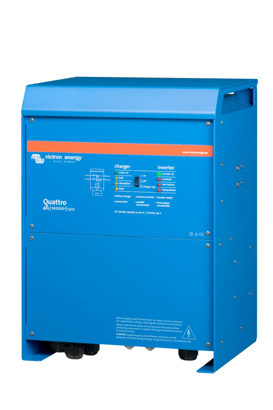 Blue Victron Energy Quattro inverter on a white background