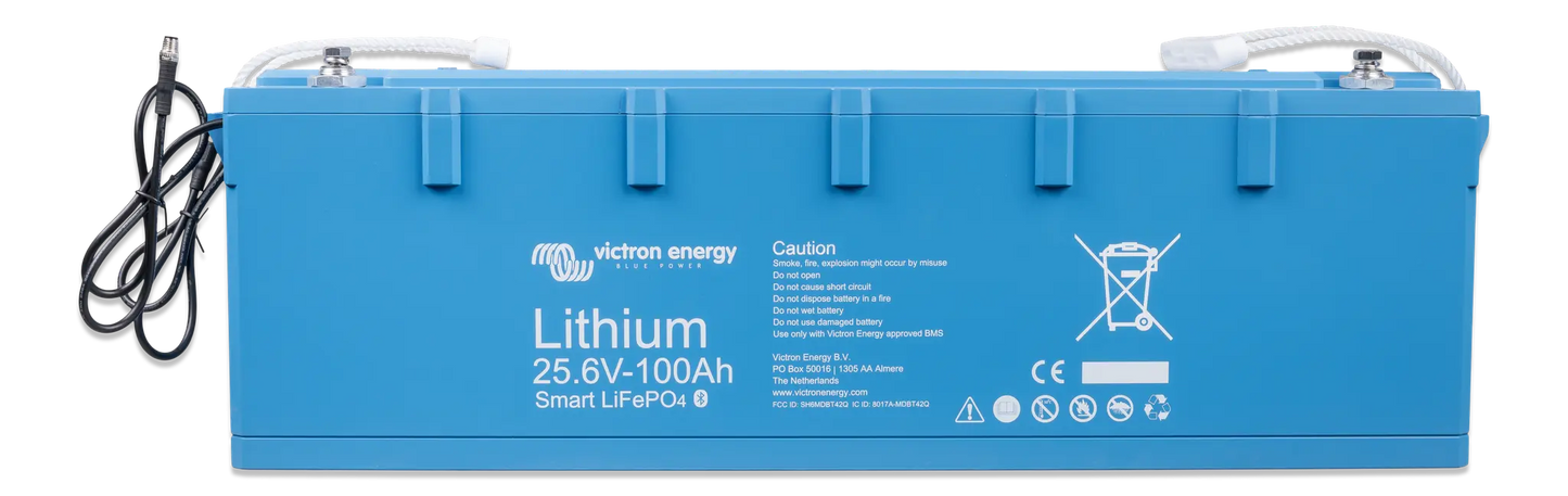 Blue lithium battery with visible branding on a white background