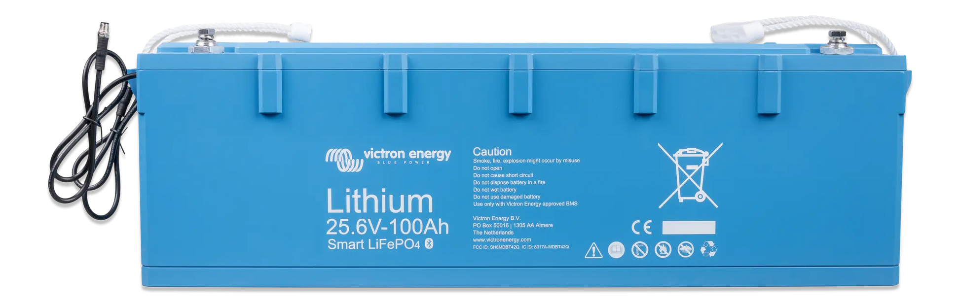 Blue lithium battery with visible branding on a white background