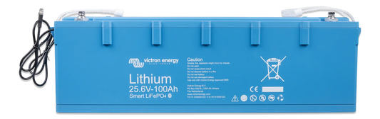 Blue lithium battery with visible branding on a white background