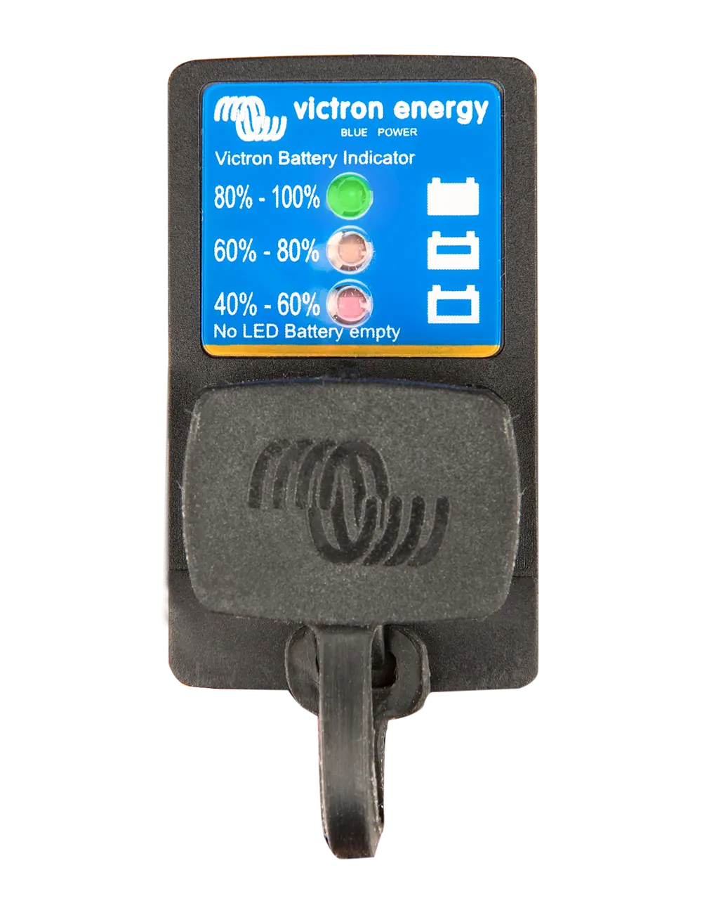 Victron Energy battery indicator with blue label on a white background